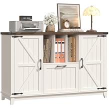 Vabches Buffet Cabinet with Storage, 47.2" Kitchen Sideboard Buffet with Large Drawer, Modern Farmhouse Coffee Bar Station with Shelves, Barn Doors Storage Cabinet for Living Room Rustic White