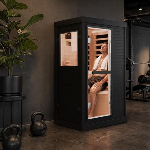 Mikolo 1 Person Far Infrared Sauna for Home | Ultra-Low EMF Indoor Dry Sauna | Solid Canadian Hemlock with 5 Carbon Heaters | Chromotherapy Light Therapy & Bluetooth for Wellness and Relaxation(Black)