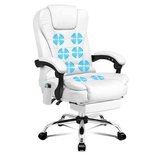 ALFORDSON Chaise de Bureau à Massage, Chaise de Bureau avec Support Lombaire, Fauteuil de Maison réglable, Fauteuil de Direction pivotant avec Repose-Pieds, Cuir de PU, Blanc