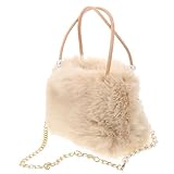 SUPVOX Bolso de Mano Peludo de Pelo Sintético Beige con Cadena de Perlas Elegante - Bandolera Mullida y Grande para Mujer - Bolso de Hombro Esponjoso y Cálido para Otoño e Invierno