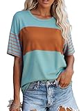 SHEWIN Womens Fashion 2025 Casual Short Sleeve Shirts Trendy Color Block Crewneck Tee Shirt Side Split Top Ladies Tops and Blouses Green Orange L
