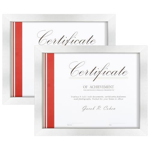 Frametory, 8.5x11 Picture Frame Real Glass - with Back Hangers for Wall Display, Easel Stand for Tabletop, for Certificates, Documents, Awards, Acknowledgements, Wide Molding (Sliver, 2-Pack)