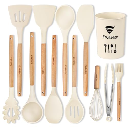 Image of Fruitalite Silicone Kitchen Utensils Spoon Spatula Cooking Set of 12 Pcs | Non-Stick with Wooden Handle- BPA Free, Heat Resistant, Flexible Non Toxic Silicon Cookware Tools with Holder- Beige