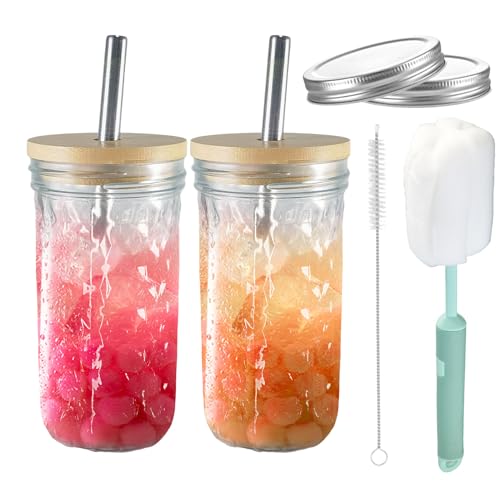 Henrrida 2 PCS 24 Oz Bubble Tea Cup Glass Cups with Lids and Straws,Mason Jars,Reusable Iced Coffee Cup,Suitable for Drinking, Water, Cocktails, Whiskey, Bubble 710ml