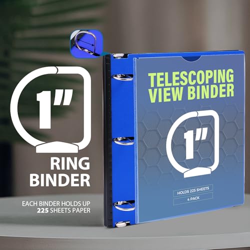 Image of WOT I 1 Inch Telescoping 3 Ring Binder 4 Pack, Expandable Flexible Binder with Customizable Front Cover & Clear Catalog Pocket, Holds 8.5 inchx11 inch Paper, Assorted Colors, School Office Supplies