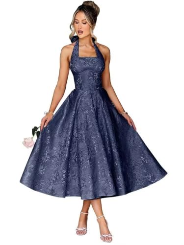 Floral Jacquard Satin Prom Dresses 2026 for Women Halter Tea Length Square Neck Formal Wedding Guest Dress Corset Aline Pageant Gowns Size 4 Navy Blue