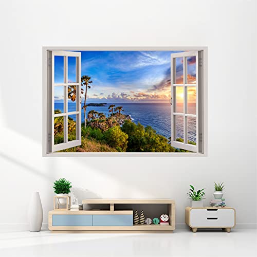 3D Sunset Scenery Fake Window Wall Stickers, Tropical Island Window View Wall Decals, Removable Vinyl Wall Mural Decor Art For Living Room Bedroom Bathroom #TOP3