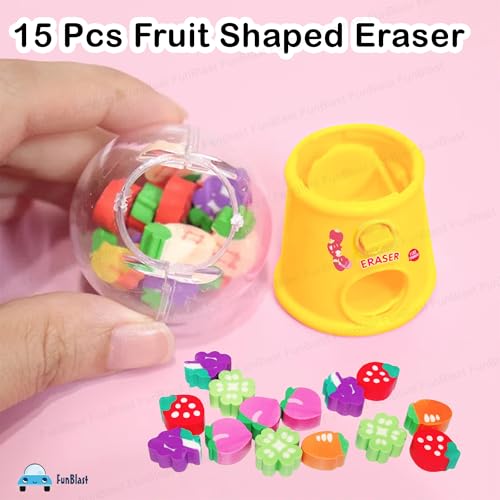 Image of FunBlast Machine Eraser Set - 15 Pcs Fruit Shaped Eraser Dispenser Toy, Mini Kawaii Erasers for Kids, Fancy Erasers for School & Office, Stationery Supplies, Birthday Return Gift for Kids (Yellow)
