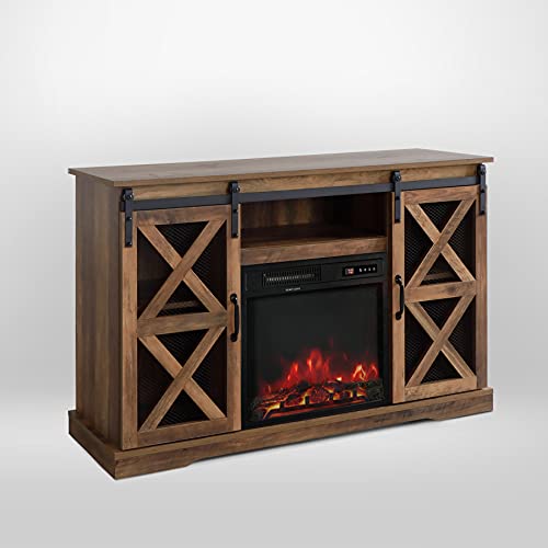 Enstver 48 Inch Tv Stand Console W/Sliding Barn Door For Tvs Up To 55", With Fireplace And Remote Control,Rustic Oak Finish #TOP1