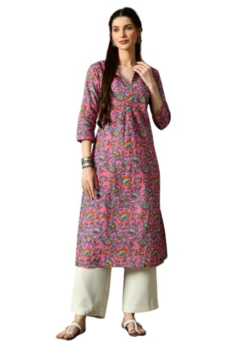 Image of Amazon Brand - Tavasya Women Ethnic Motifs Printed 3 /4th Sleeve Kurta | Straight Fit Shirt Collar Salwar | Everyday Ethnic Wear