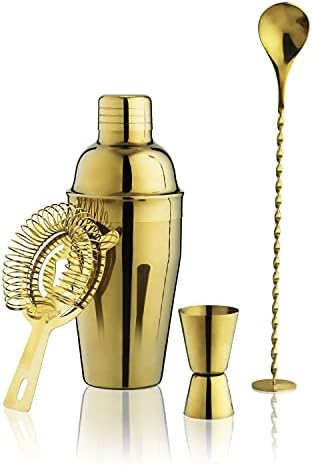 True 4-Piece Cocktail Shaker Set Includes Cobbler Shaker, Strainer, Jigger, Bar Spoon for Classic Cocktails, Mixed Drinks, Cold Brew, Home Bar Tools, Bartender Gifts, Bar Cart Accessories, Gold - Thumbnail 3