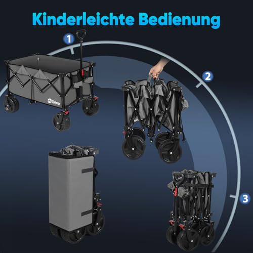 Sekey XXL Plus Bollerwagen Faltbar mit Bremsen 200L 200KG Belastbar, Extra Breite Reifen All Terrain Bollerwagen, Patentiert Zusammenfaltbar aus Vier Richtungen, XXL-PlusB 4011, Anthrazit
