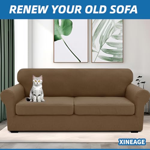 XINEAGE New 3 Pieces Couch Covers for 2 Extra Large Cushion Sofa Super Stretch Sofa Cover for 2 Large Seat Universal Loveseat Slip Cover for Living Room (Brown), 71"-91"(2 Cushions)