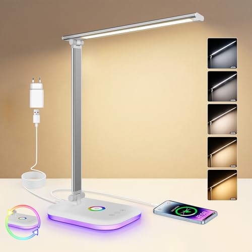 Morotty Lámpara de Escritorio 10W, Flexo de Escritorio con luz nocturna, 5 temperaturas de color y regulación del 10% al 100% Lampara Escritorio Led, Puerto USB de Carga, Control Táctil(Blanco)