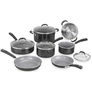 Cuisinart Ceramica XT Non-Stick Cookware Set 11-piece: Saucepans, Frypans, Stockpot, Sauté Pan, Steamer | Titanium-reinforced ceramic interior, PTFE, PFOA & PFAS-free Silicone Cool Grips,Black Ceramic