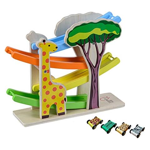 Teamson Kids Preschool Wooden Car Ramp Racer Toy Click Clack Racetrack Garage With 4 Safari Cars UK-PS-T0007 Cover