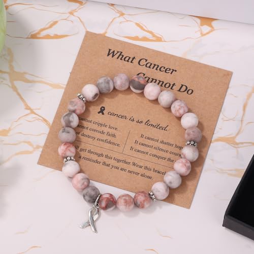 Breast Awareness Bracelets, Natural Stone Inspirational Ribbon Beaded Bracelet with Motivational Card Care Encouragement Gift for Women Friends Family Loved Ones4