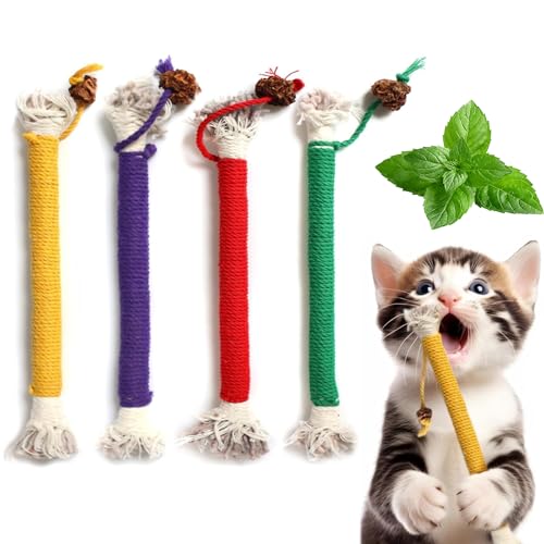 SUOXU Catnip Toy Bite Rope, Interactive Catnip Toy for Indoor Cats, Cat Teeth Cleaning Kitten Teething cat nip Chewing Toy Rope, Filled Natural Catnip Stress Release Cotton Rope Toys, 4 Pcs