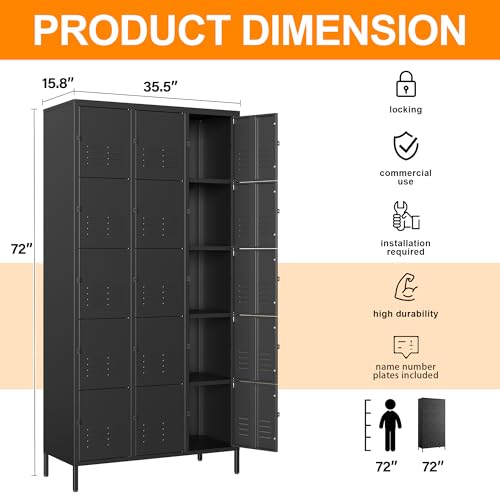 Image of Metal Locker with 15 Doors Employees Locker, Metal Storage Locker with Hooks, 72 inch Storage Cabinet Lockers for Employees, Home, Office, Gym Requires Assembly (15 Doors, Black)