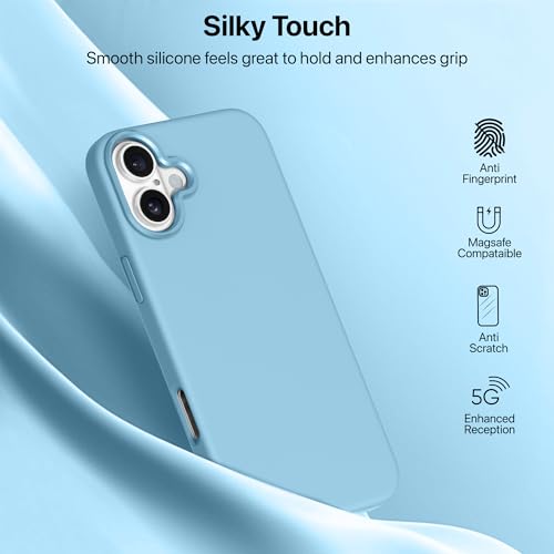 Image of eller sante Silicon Back Cover Case for iPhone 16 Plus Scratch Resistant TPU Shockproof 6ft Feet Drop Protection Support Mag-Safe Wireless Charging- Sky Blue
