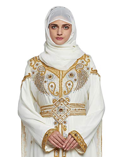 Aniiq Women Dubai Kaftan Farasha Caftan Long Maxi Dress Long Sleeves Georgette Ethnic, Bridal, Evening, Party, Wedding Dress, Color- Off White #TOP4