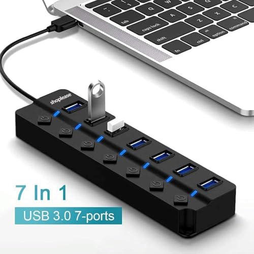 Image of USB Hub 3.0 7-Port with 5Gbps High-Speed Data Transfer and 1 Charging-Only Port 12W, 5V /3A Power Adapter, Long Cable, LED On /Off Switches for Laptop PC Flash Drive SSD HDD Keyboard Mouse