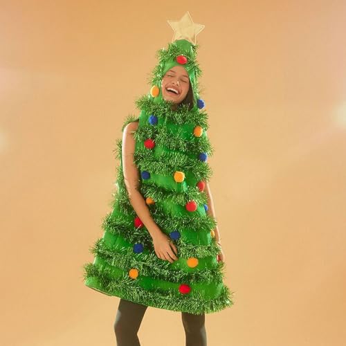 Felcia Damen Weihnachtsbaum-Kostüm Elegantes ärmelloses Plüsch-Kugel-Lametta-Patchwork-Kapuze Minikleid Weihnachts-Verkleidung (A-Grün, Einheitsgröße)