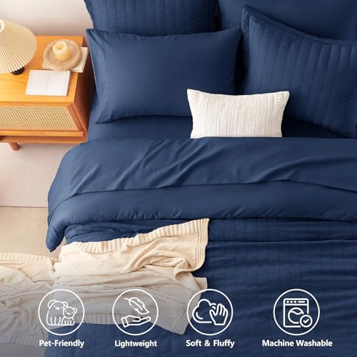 Image of CozyLux Full Size Comforter Sets Navy Blue, 7 Pieces Seersucker Textured Luxury Bed in a Bag, All Season Soft Bedding Sets with Down Alternative Comforter, Sheets, Pillowcases & Shams, Bedroom Bed Set