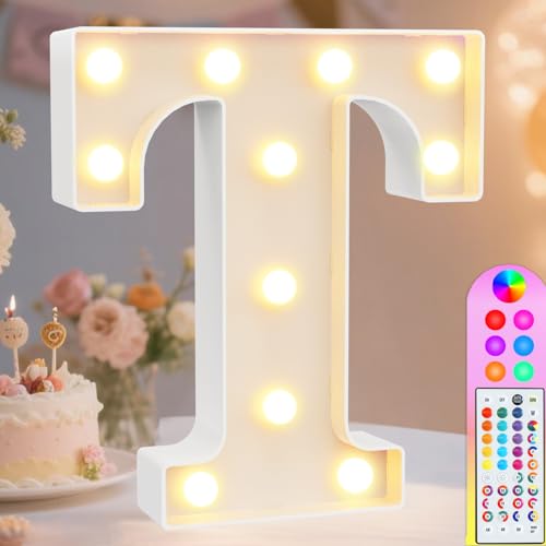 Image of Pooqla Colorful Light Up Letters with Remote, Upgraded 35 Colors LED Marquee Letters, RGB Lighted Letter for Girls Teenager Gift, Birthday, Party, Wedding, Night Light, Room, Bedroom Decor, Letter T
