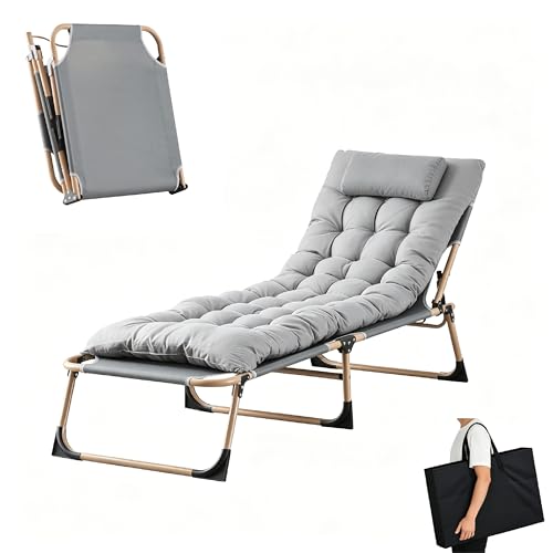 LSBIKE Sonnenliege Klappbar, Leicht Liegestuhl mit Klapptaschen, Klappbarer Gästebett mit Matratze und Kopfkissen, 4 Positionen Verstellbares Tragbares Multifunktions-Campingbett (Grau 1 Stück)