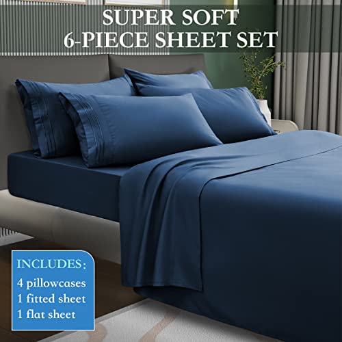 LIANLAM Queen 6 Piece Bed Sheets Set - Super Soft Brushed Microfiber 1800 Thread Count - Breathable Luxury Cooling Sheets Deep Pocket - Wrinkle and Fade Resistant - Hypoallergenic (Navy Blue, Queen) by LIANLAM - Used condition - Image 3