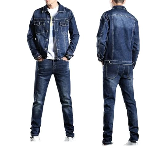 Men's Denim 2-Piece Suit Slim Casual Turn-Down Collar Denim Jacket Top Jeans Suit2