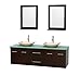 Wyndham Collection Centra 72" Double Bathroom Vanity in Espresso, Green Glass Countertop, Arista Ivory Marble Sinks & 24" Mirrors