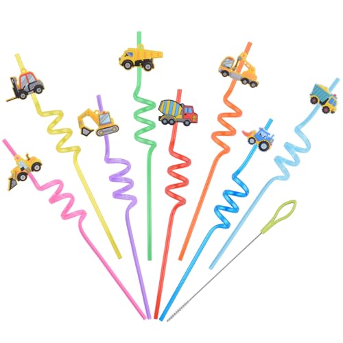 HOMMDECO 24 pajitas rizadas para decoración de fiesta en plástico reutilizable de grado alimenticio con patrones de dibujos animados desmontables para reuniones de fiesta de cumpleaños (equipado con