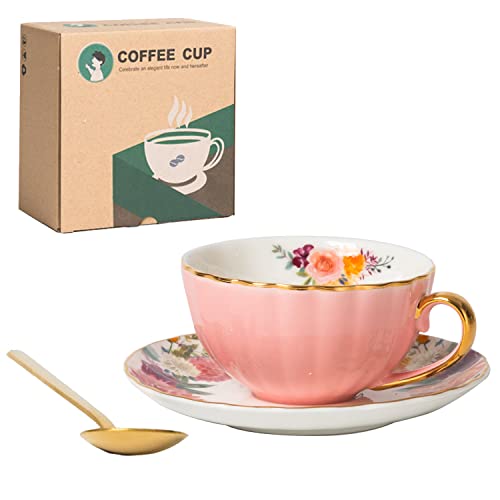 Joyofun Pink Tea Cup And Saucer,Porcelain Coffee Cup Royal Ceramic Floral Lined Teacup With Gold Trim And Spoon,8 Oz Vintage British Cup For Latte,Cappuccino,Tea Sets Gift,Mother's Day Birthday Gift #TOP6