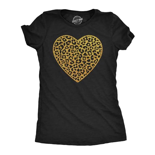 Crazy Dog T-Shirts T-shirt imprimé léopard doré à paillettes pour femme, Noir chiné - Cœur léopard doré pailleté, Taille S