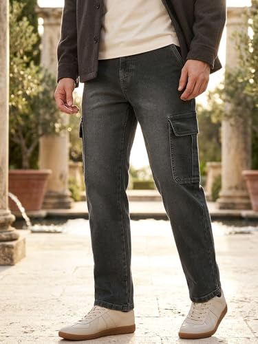 Image of Urbano Fashion Men's Regular Fit Washed Cargo Jeans with 6 Pockets Stretchable