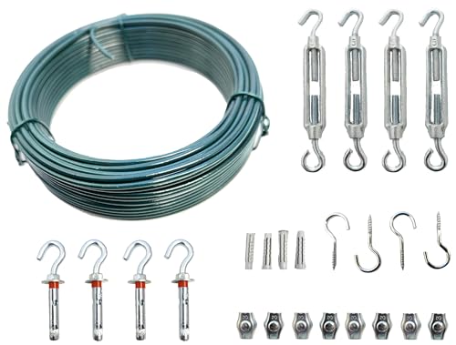 Quercos Kit Fil de Tension PVC Vert – 20m avec Tendeurs & Chevilles Métalliques – Câble pour Jardin, Tuteurs pour Plantes Grimpantes & Clôtures – Résistant aux Intempéries