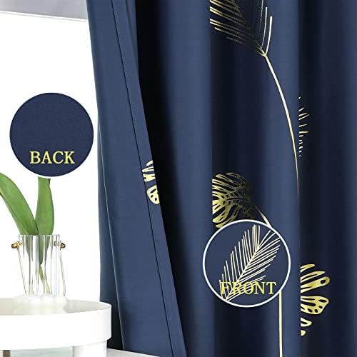 Estelar Textiler Navy Blue and Gold Blackout Curtains with Palm Tree Wheat Pattern Light Blocking Room Darkening Window Curtain Panels for Living Room Bedroom, Navy Blue, 52Wx72L, 2 Panels