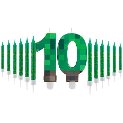 13Pcs Pixelis Anniversaire Bougie 10 ans, Thème Pixel Vert pour Gâteau d'Anniversaire Gâteaux pour Garçons et Filles Enfants Décoration Fête Anniversaire