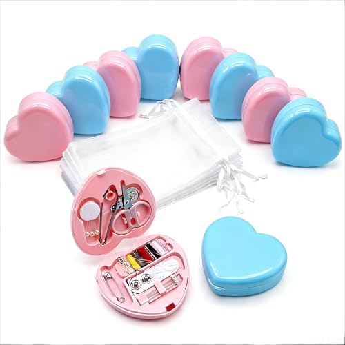 10 Sets Travel Sewing Kit Mini - Heart Shaped Mini Sewing Kit Bulk for Wedding Favors Holiday Donation Boxes & Emergency Repairs - Portable Small Mending Set with Organza Gift Bags Pink & Blue