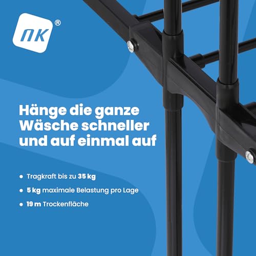 NK Wäscheständer Wäschetrockner Turm mit Rollen und 4 Ebenen – 6 Ausziehbare Ablagen + 2 Seitliche Flügel mit Bügelhalter + Schuhablage, 360° Rollen, Farbe Schwarz (19m Wäsche)