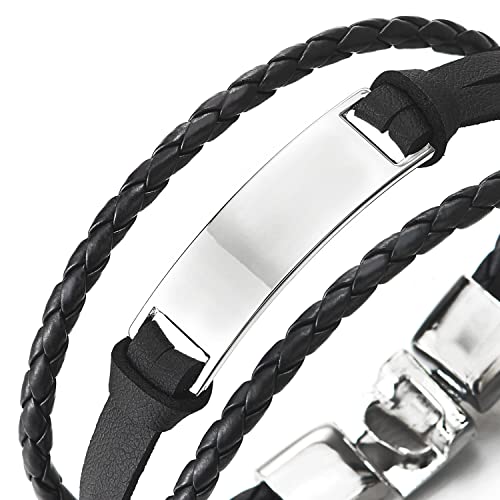 COOLSTEELANDBEYOND Three-Row Black Braided Leather Bracelet for Men Women, ID Identification Wrap Bracelet2