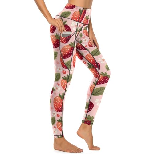 Legging imprimé fraise pour femme avec poches et taille haute