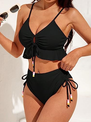 Women's 2 Piece Tankini Set Ruffle Hem Drawstring High Waisted Cut Out Tie Front Crisscross Halter Bathing Suit4