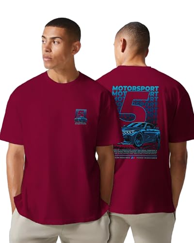 Image of Buy That Trendz Mens Oversized Tshirt 5 Motorsport Printed Crew Neck Cotton Drop Shoulder Half Sleeve Stylish Tshirt