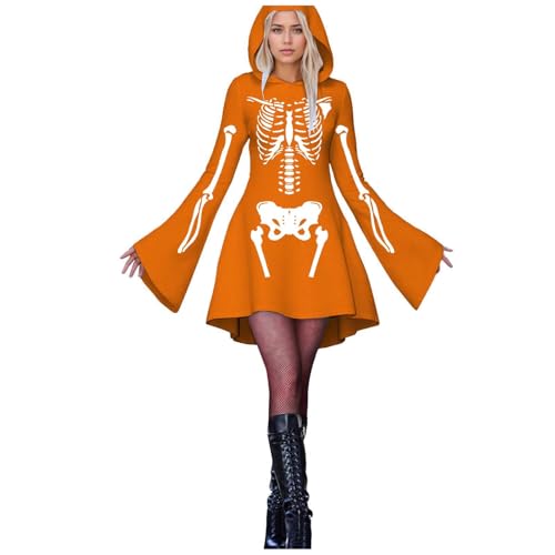 Generisch Damen Halloween Print Kapuzen Cosplay Kleid Langarm Langes Kleid (Orange, M)