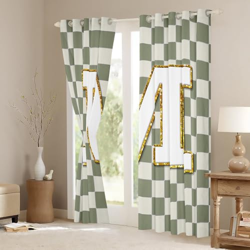 Image of Erosebridal Sage Green Checkered Window Drapes Plaid Initial M Blackout Curtains 38 inch Wx45 L Personalized Monogram Curtains for Bedroom Living Room,Grids Gingham Window Treatments 2 Panels