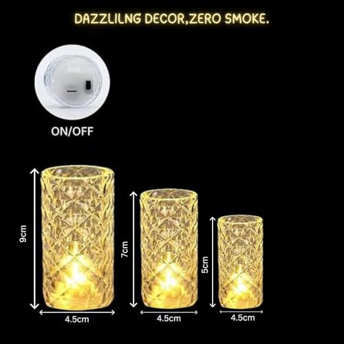 Image of VERVENIX 3 Pcs Set Diamond Flameless and Smokeless Decorative LED Tea Light Candles, Transparent Acrylic Lights for Festive Diwali Decoration (Combo Set: 9 cm, 7 cm, 5 cm, Warm White)