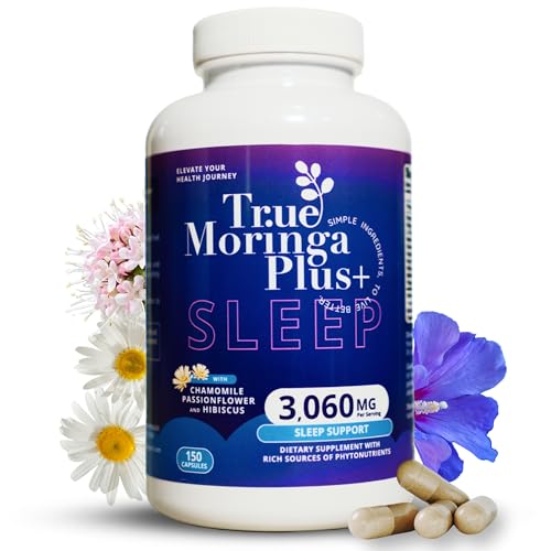 True Moringa Plus+ Sleep Support Supplement 10:1 Extract | 20,000mg of Organic Moringa, Chamomile, Passion Flower, Valerian Root, Hibiscus for Relaxation | Natural Sleep Aid for Adults (150 Capsules)
